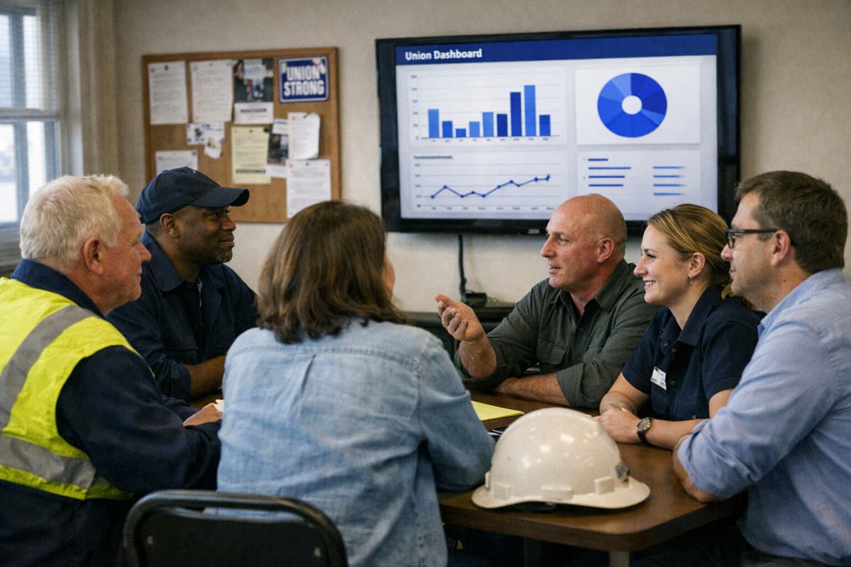 Union workers collaborating around a laptop